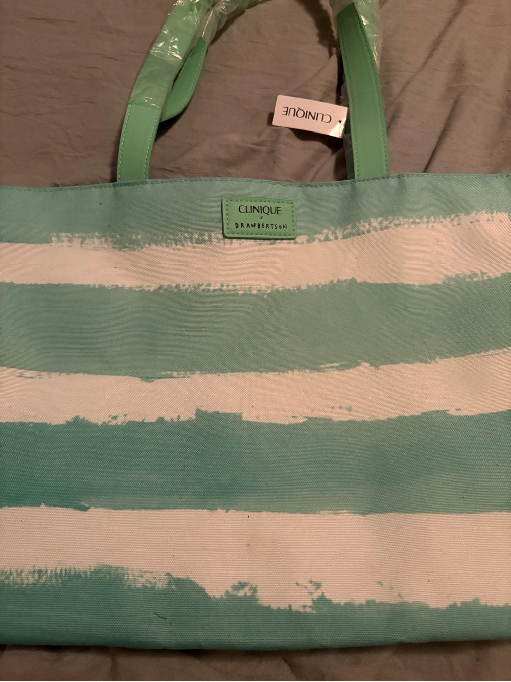 Clinique Striped Canvas Tote in Mint Green and White